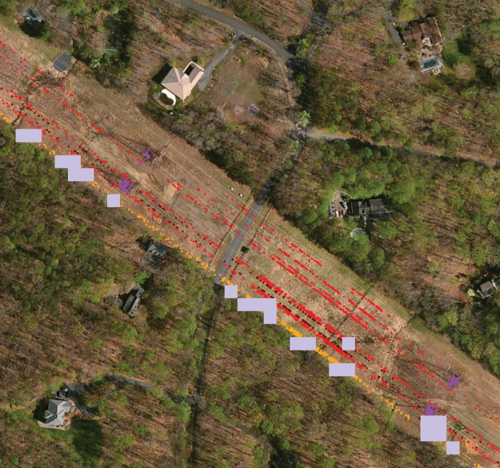 FIGURE 2. Analyzing airborne LiDAR to identify work order areas for inspection along utility corridors. Image courtesy of Esri. 