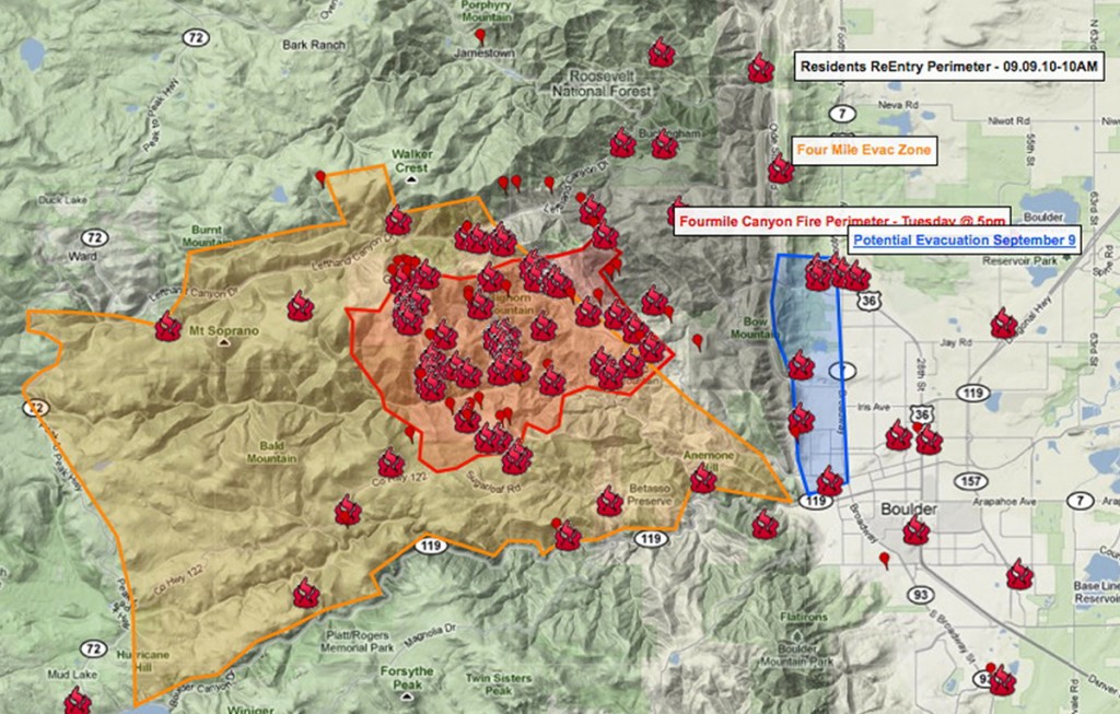 FIGURE 3.  During the surge of  large-scale fires in Colorado during 2010, joint operation situational maps successfully combined social media (vetted and non-vetted), public data feeds, and professional disaster data for a more comprehensive situational map. This particular view focused on the fires in the Boulder, Colorado area where burnt structures were reported by the public via social media and verified by disaster responders.