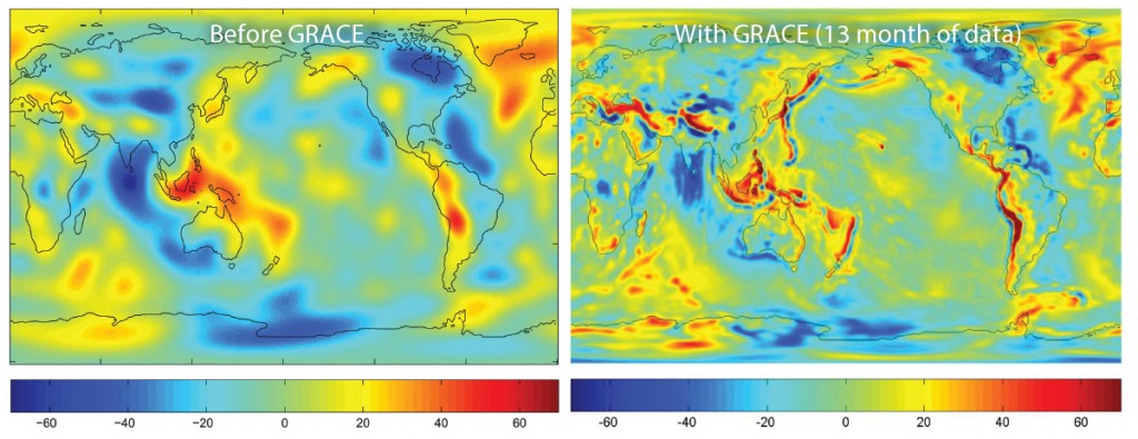 FIGURE 3. Before the launch of NASA’s GRACE satellite in 2002, knowledge of gravity was based upon decades of data from geodetic satellites (left image). Monthly gravity  measurements are possible now that are 100x more accurate than previous models. The map on the right was produced after only 13 months of GRACE data. 