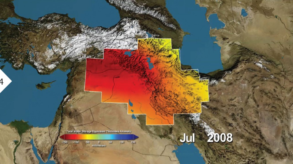  FIGURE 4. The Middle East had major losses in water storage, shown here in millimeters from Jan. 2003-Dec. 2009. Red shows drier condi- tions, with blue showing wetter conditions. The majority of the water loss was due to reduc- tions in ground water due to human activities. Image credit: NASA/UC Irvine/ NCAR.