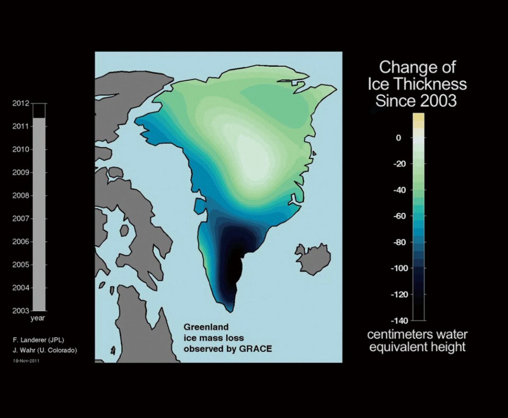 FIGURE 5. GRACE measures changing ice mass of Greenland, which has had major reductions, shown here. Image credit: NASA/JPL-Caltech/ University of Texas Center for Space Research.