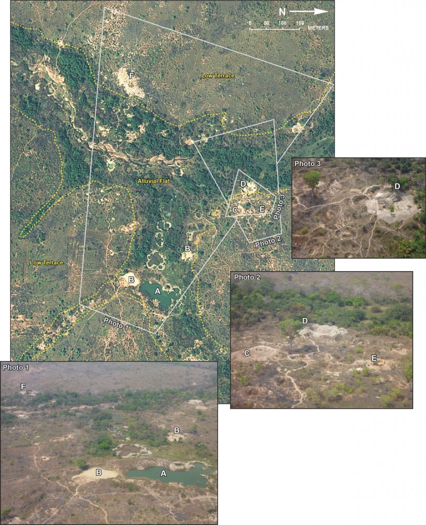 FIGURE 4. A comparison of oblique aerial photography on the right, and a Worldview-2 satellite image on the left. The Worldview-2 image, collected on Feb. 3, 2012, shows the intense mining activities of artisanal miners in a floodplain in West Africa. Oblique photography collected at the same site in June 2012 shows a detailed view of the active and inactive mining pits.  [A] Large inactive mining pit which has now filled with water; [B] Two previously mined pits that have filled with water and sediment, indicating that they were recently used for washing and sorting gravel; [C] A recently abandoned pit with eroded headwalls that has not yet filled with water, indicating recent but completed activity; [D, E] Large active mining pits with the headwalls visible where miners are in the process of excavating. The particularly bright reflectance of the recently- removed spoil materials surrounding the pits in the satellite image is further evidence of the pits’ activity; [F] A cluster of small exploration pits in the low terrace geomorphic zone. Satellite image courtesy of Digital- Globe, Inc. Aerial photographs courtesy of Simon Gilbert, United Nations. 