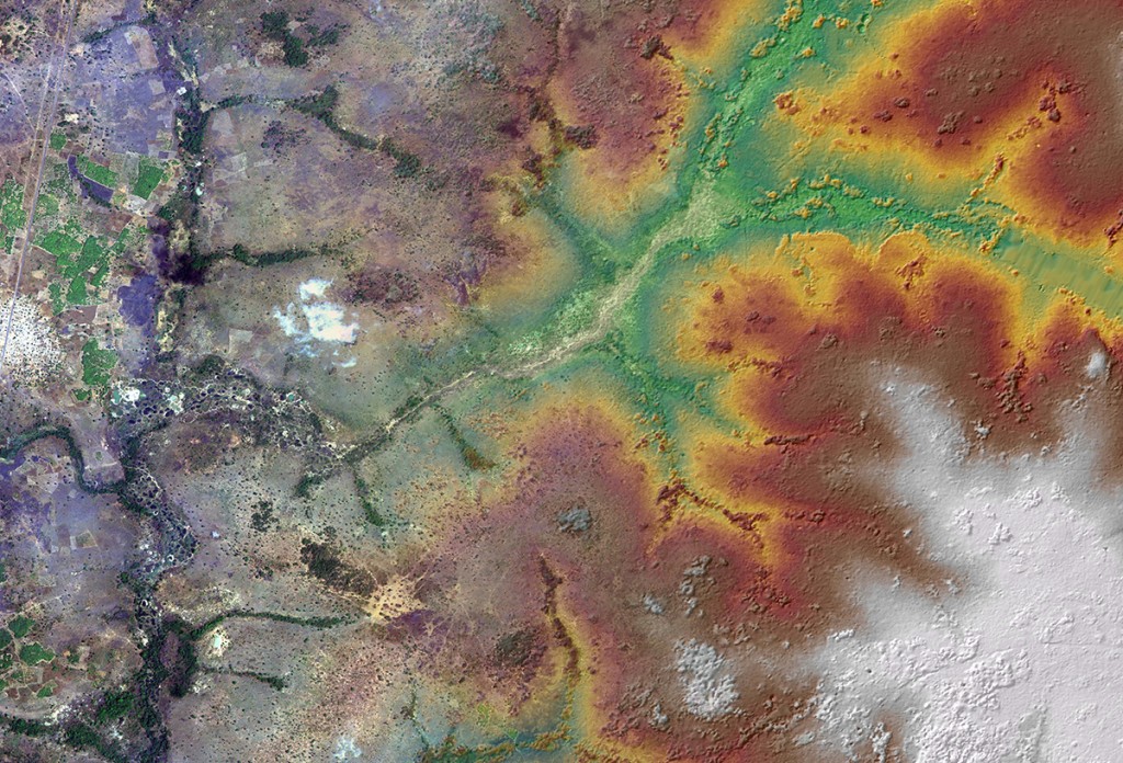 FIGURE 3. A high-resolution satellite image merged with a high-resolution DEM near Fourouna, Côte d’Ivoire. The satellite image is a 2-m resolution WorldView-2 image collected on February 13, 2013. The elevation model is a 2-m DEM derived from DigitalGlobe’s IKONOS-2 stereo imagery collected on March 6, 2007.