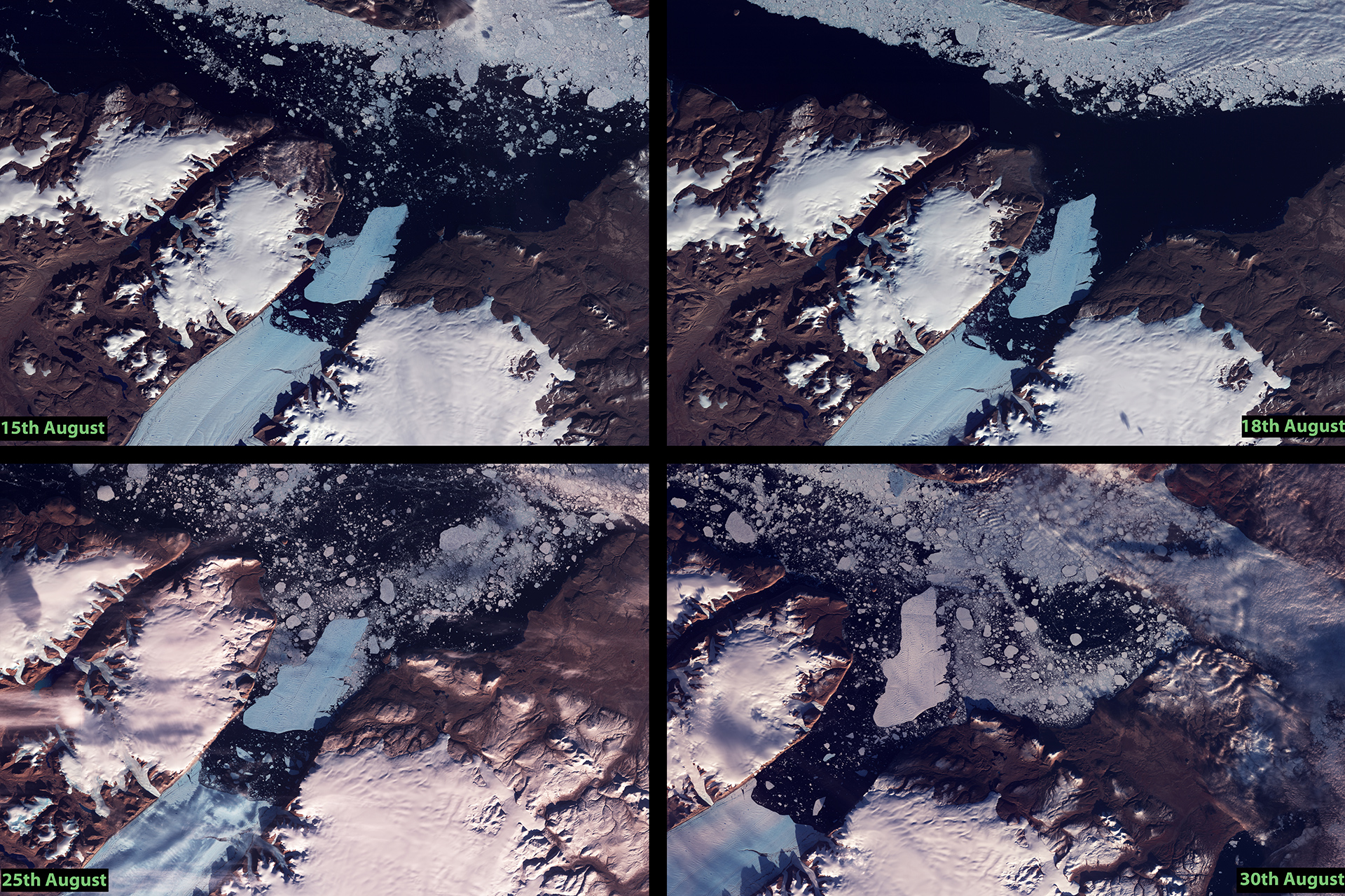 FIGURE 1. Melting of Petermann Glacier, Greenland, during August of 2010, taken with the UK-DMC2 satellite.