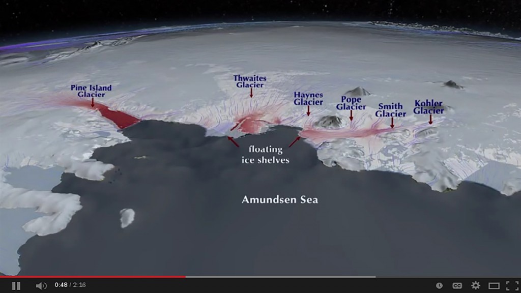 FIGURE 4. The Amundsen Sea region is the most unstable part of the WAIS. Although it is only a fraction of the whole WAIS, the region con- tains enough ice to raise global sea levels by 1.2 meters (4 feet). Source: NASA.