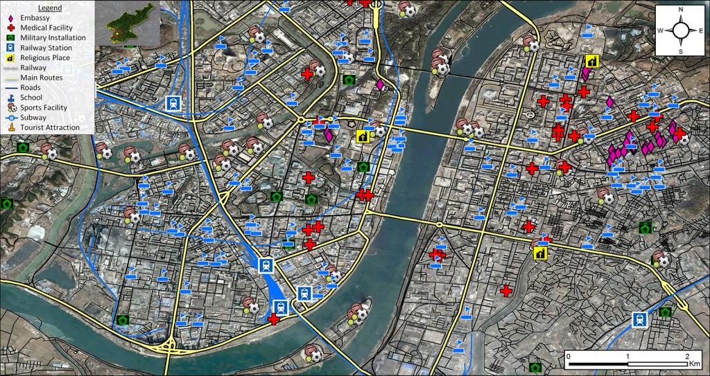 FIGURE 2. Pyongyang, North Korea, show- ing embassies, medical facilities, military installa- tions, and other areas where people move from place to place