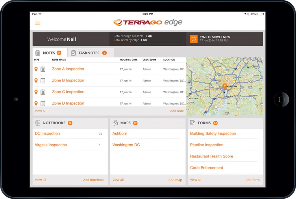 FIGURE 2. TerraGo Edge on iPad provides an intuitive dash- board that lets you see your most recent notes, tasks, and notebooks at a glance and in real time.
