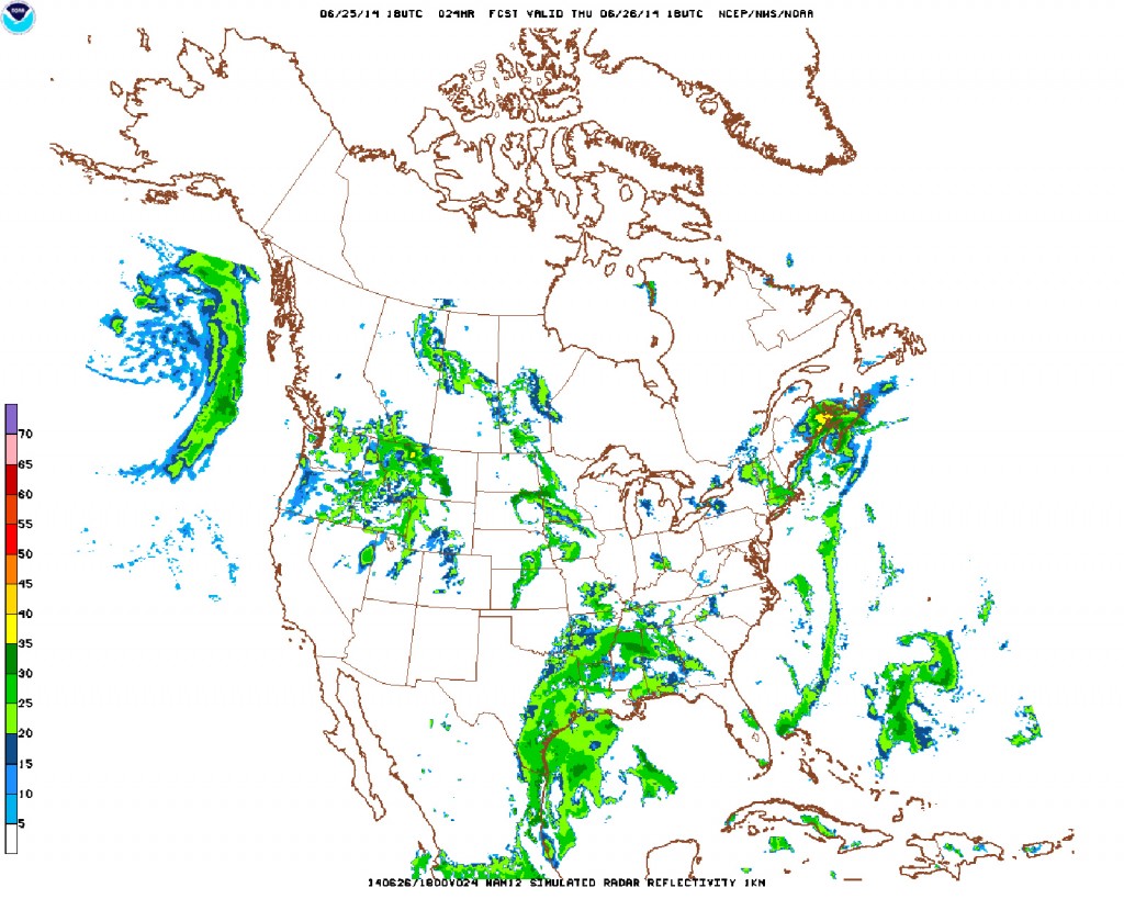 FIGURE 3. Example of simulated radar reflectivity forecast from the North American Model (NAM), courtesy of NOAA. 
