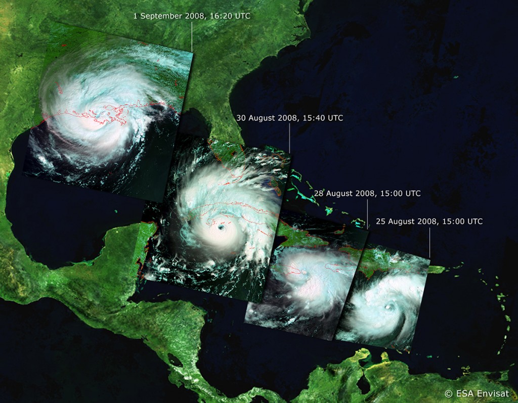 FIGURE 3. Satellite images of Hurricane Gustav as it approaches the United States in August and September 2008, courtesy of ESA. 