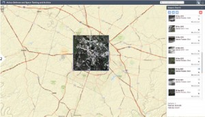 FIGURE 2. Screenshot of the Satellite Tasking & Archive app, showing the app in action, with the AOI selected, and a list of tasking options displayed on the right hand side of the screen. Copyright: 2014 Esri. ArcGIS and ArcGIS Online are trademarks, service marks, or registered marks of Esri in the United States, the European Community, or certain other jurisdictions. All rights reserved.