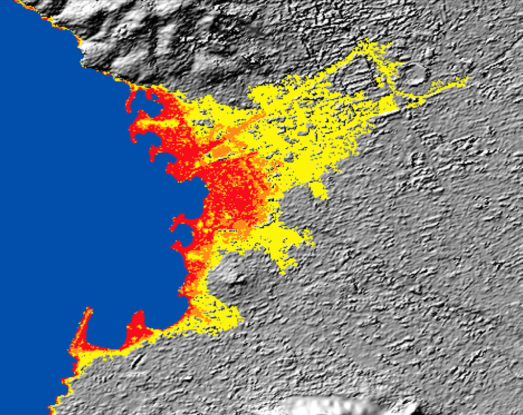 FIGURE 10. WorldDEM graphic showing sea-level rise modeling for Marseille, a port city in southern France, with red showing 3m, orange showing 5m, and yellow showing 10m. Copyright and courtesy of DLR 2015 and Airbus DS Geo GmbH 2015.