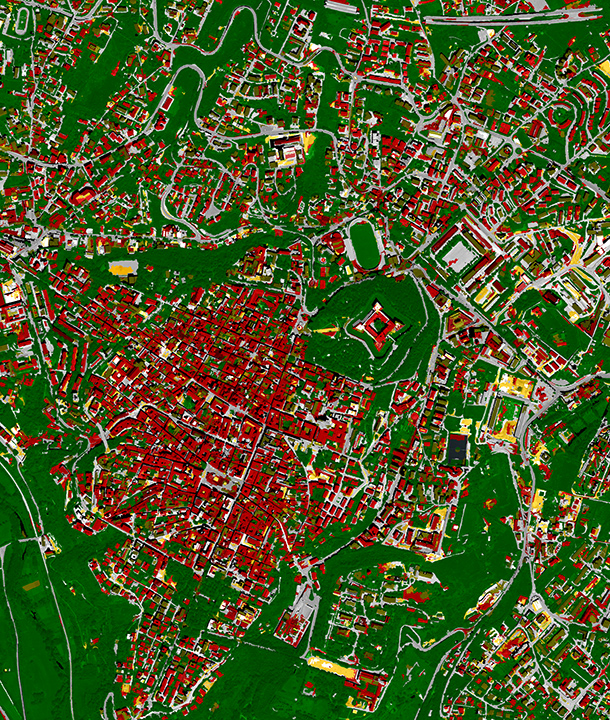 FIGURE 2. Classification results (object-oriented approach) on some subsets (red for buildings, gray for streets, green for vegetated areas, and black for shadows)