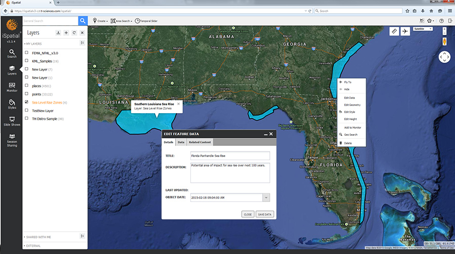 FIGURE 1. This screen shot shows possible sea- level rise in the southern U.S., with affected areas in the Florida panhandle and Louisiana. This is a mock-up of zones around areas where there could be encroachment of the ocean over time, from iSpatial, a product of Thermopylae.