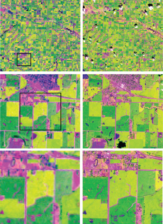 FIGURE 2. The combined use of currently available, high quality observa- tions from coarse, moderate and fine resolution satellite systems allow for multi-scale temporal and spatial sampling of global croplands. This image is a 24-km x 20-km zoom centered on 95 35 24W, 44 19 38N in southwest Minnesota during August, which is the peak of the growing season. The light green color is soybean and the dark green color is corn. On the left column is a 30-m Landsat image and on the right column is a 5-m RapidEye image. The lower rows are zoomed in images of the top row, with the zoom footprint shown over the Landsat image.