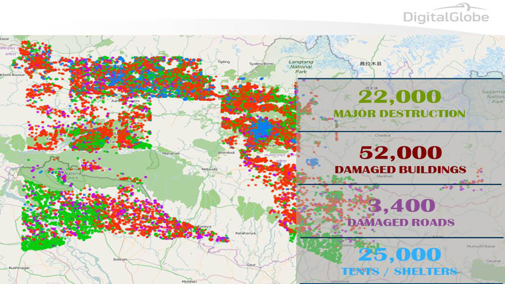 FIGURE 2-3. DigitalGlobe’s crowdsourced platform Tomnod had 61,000 participants after the earthquakes in Nepal. They found 22,000 areas of major destruction, 52,000 damaged buildings, and 3,400 damaged roads