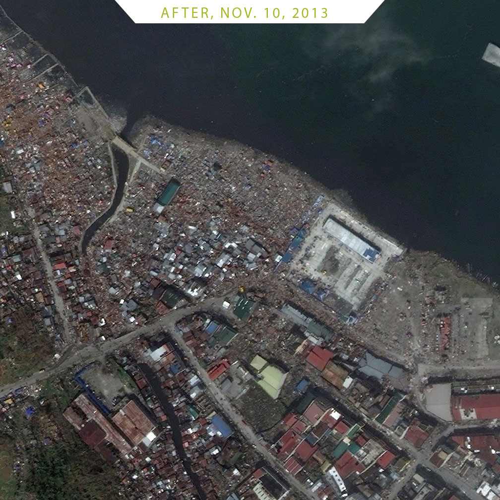 FIGURE 2-3. Typhoon Haiyan, in Tacloban, Philippines, courtesy of DigitalGlobe Before image: Feb. 23, 2012 After image: Nov. 10, 2013