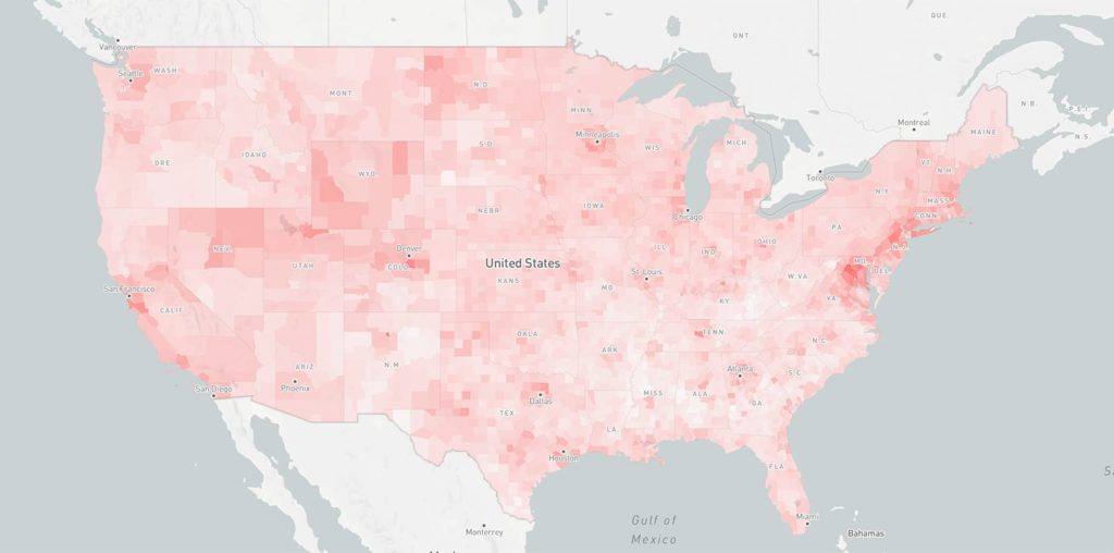 FIGURE 9. Mapbox maps and libraries combine to build interactive data visualizations, like this choropleth map of income and population in the U.S.